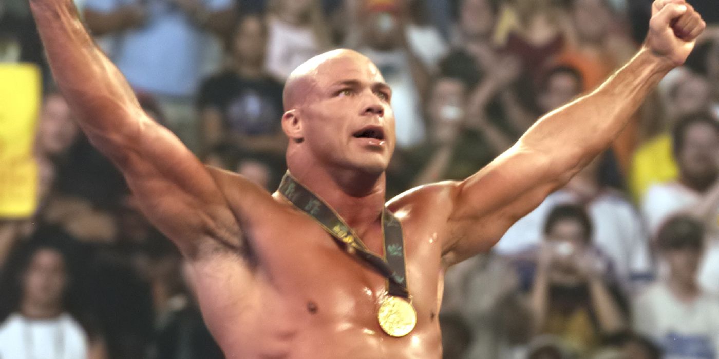 Kurt Angle with his gold medal in WWE.