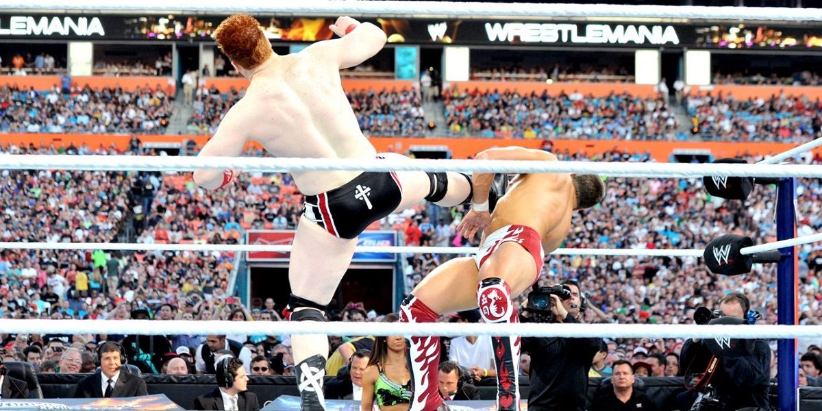 Sheamus hits Daniel Bryan with the Brogue Kick at WrestleMania 28
