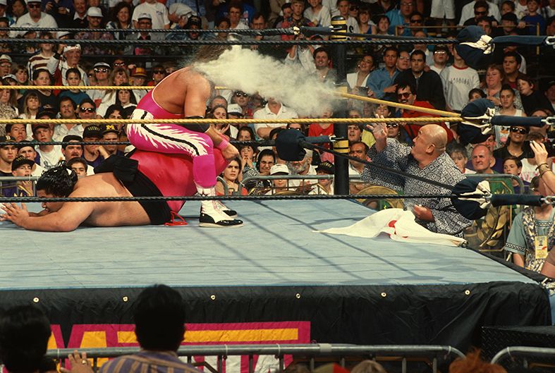 Mr Fuji blasts powder in Bret Hart's face