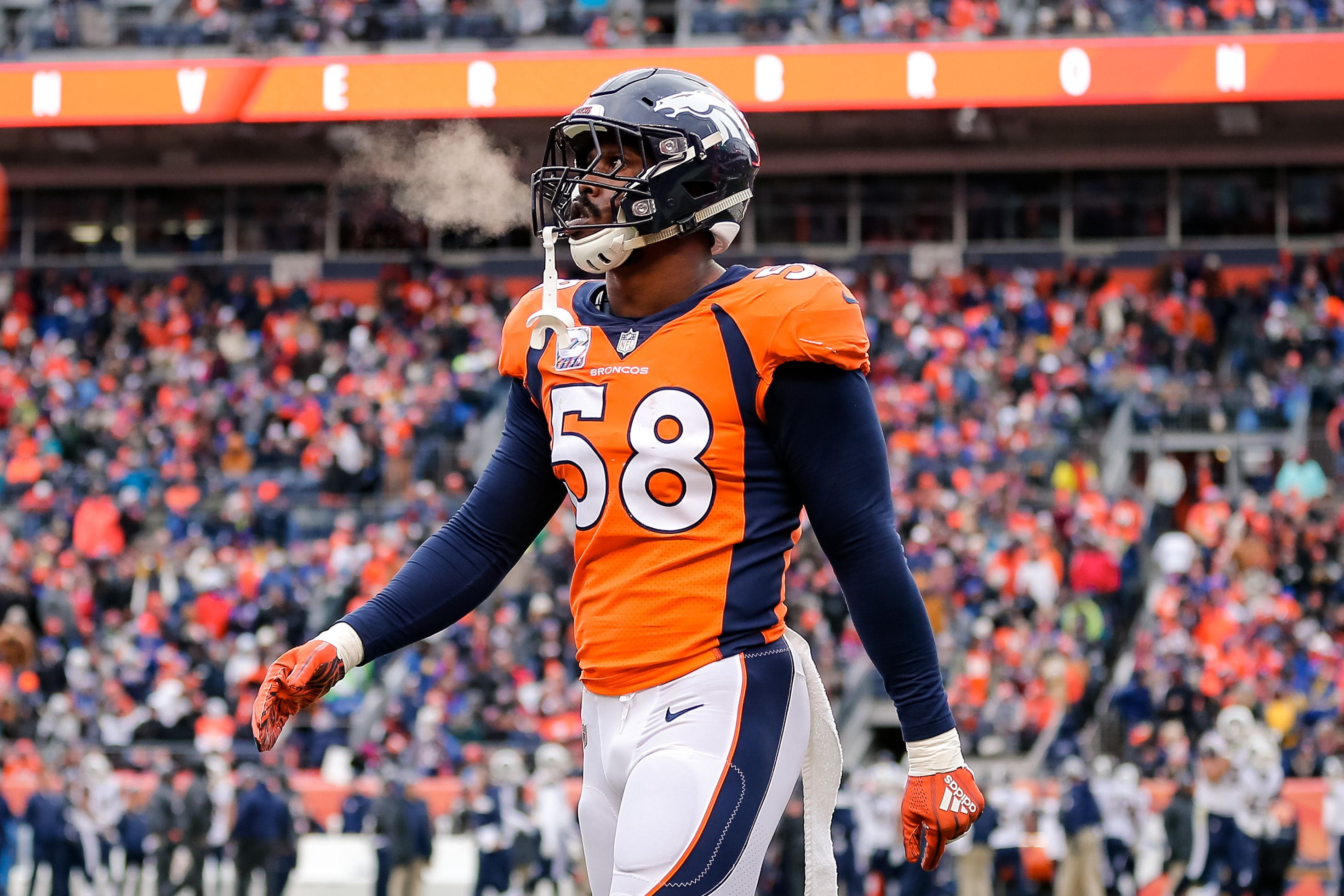 Oct 14, 2018; Denver, CO, USA; Denver Broncos linebacker Von Miller (58) reacts in the third quarter against the Los Angeles Rams at Broncos Stadium at Mile High. 