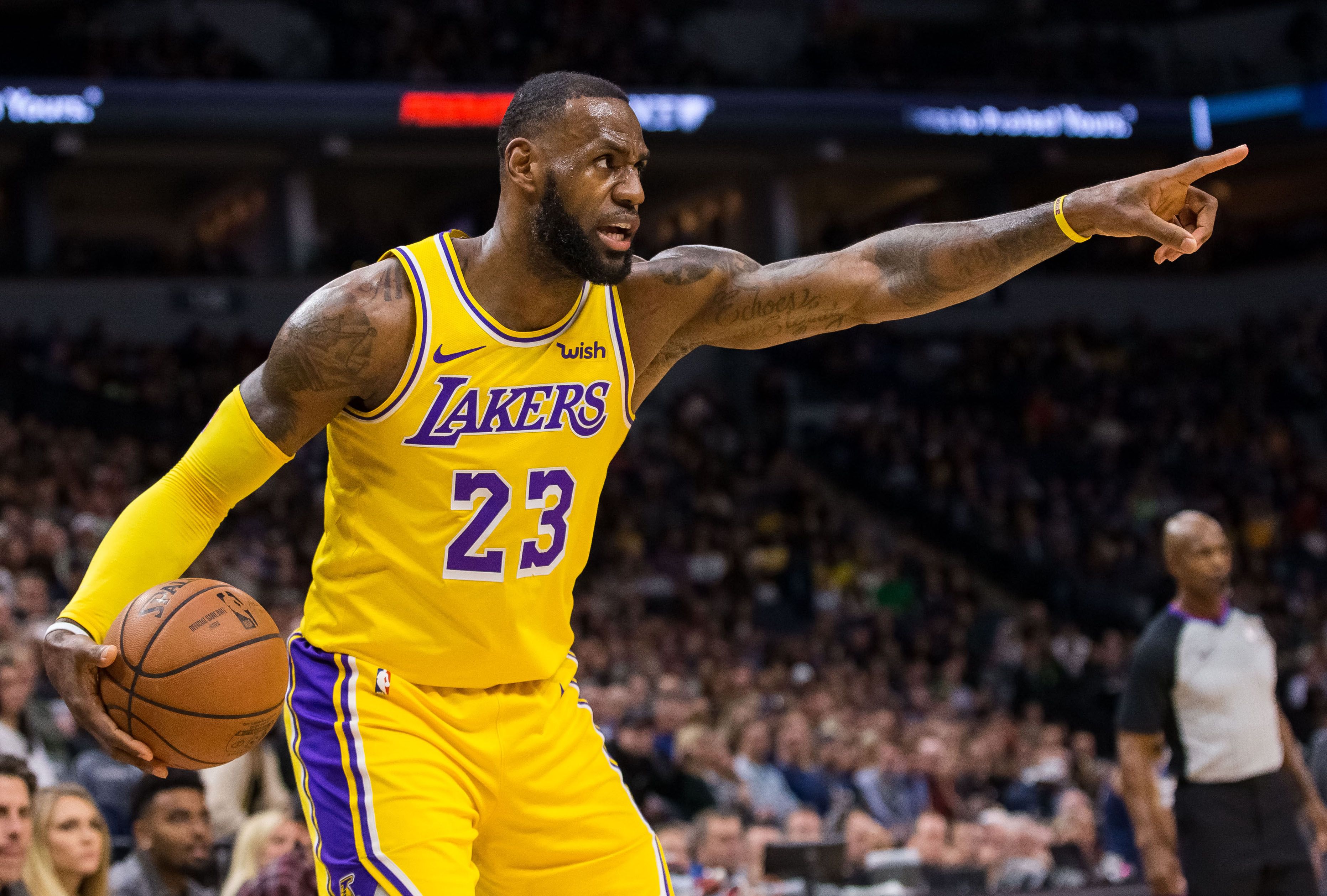 Oct 29, 2018; Minneapolis, MN, USA; Los Angeles Lakers forward LeBron James (23) points at teammates in the second quarter against Minnesota Timberwolves at Target Center.