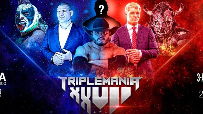 Triplemania 27 poster featuring Psycho Clown, Cain Velasquez, El Texano Jr., Cody Rhodes, and Black Taurus