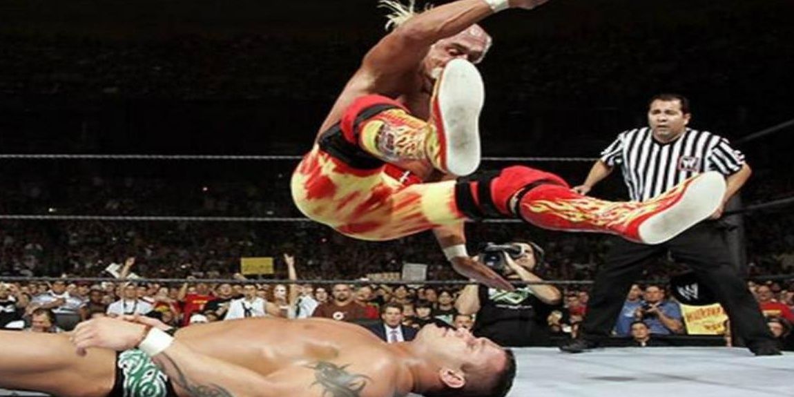 Hulk Hogan hits a Leg Drop on Randy Orton