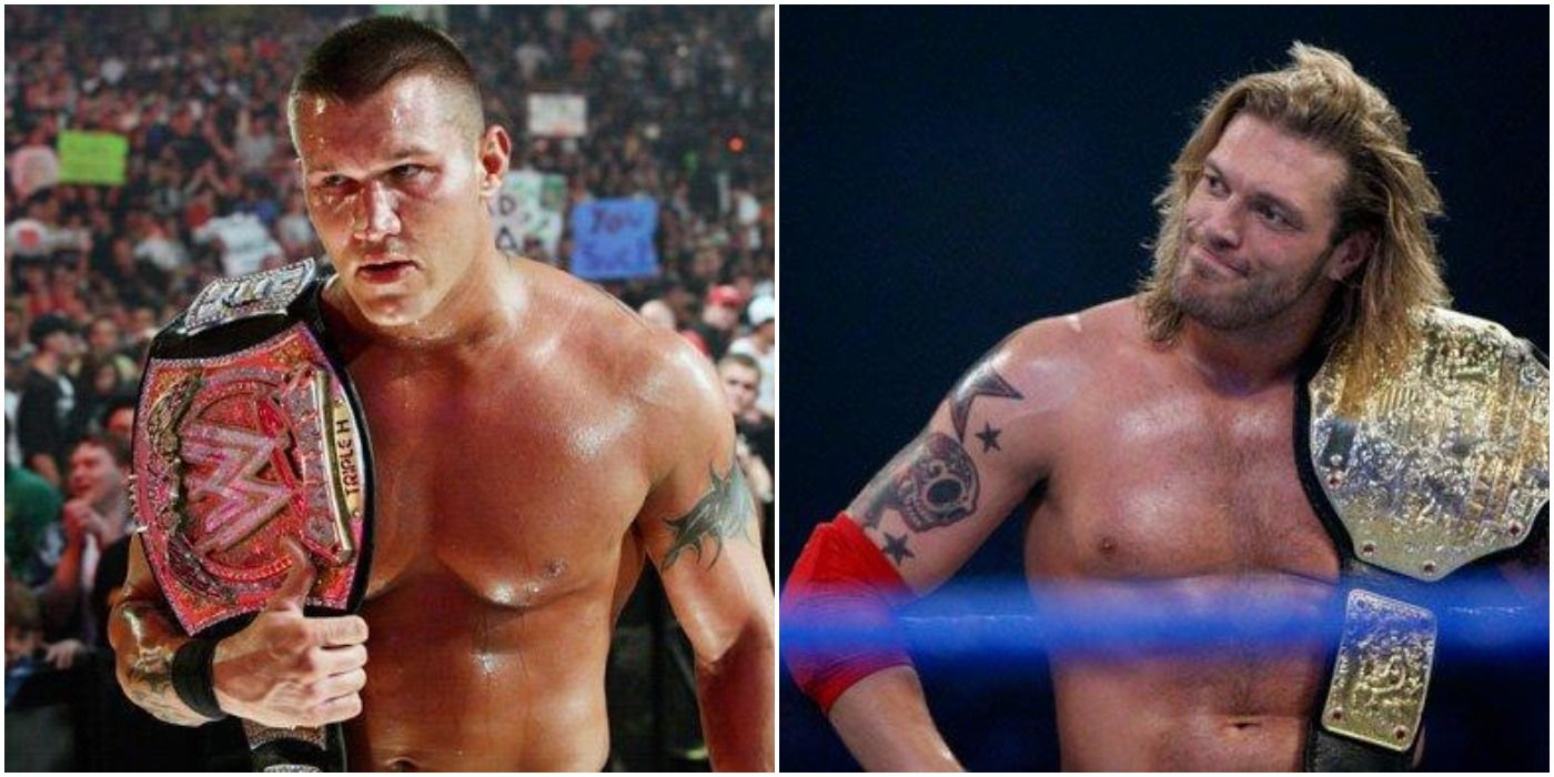 Randy Orton and Edge holding their respective World Championships