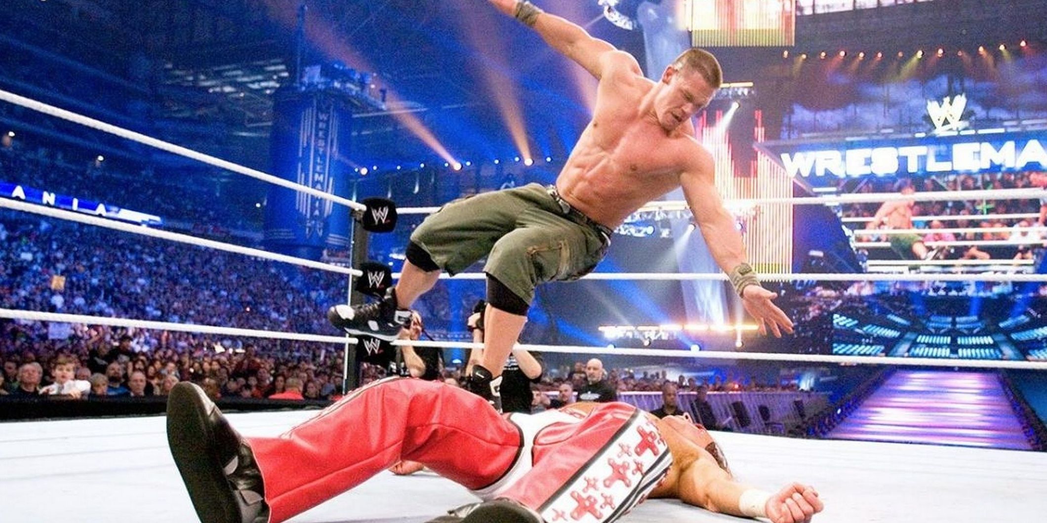 John Cena and Shawn Michaels clashing at WrestleMania 23
