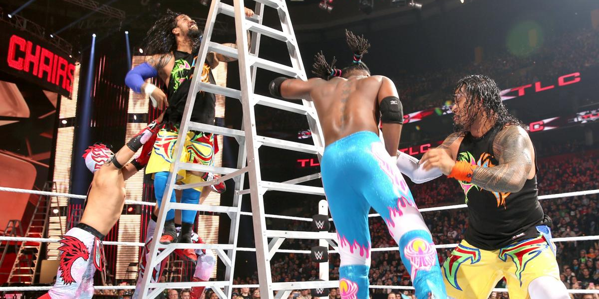 The Usos, New Day and Lucha Dragons fight in a ladder match