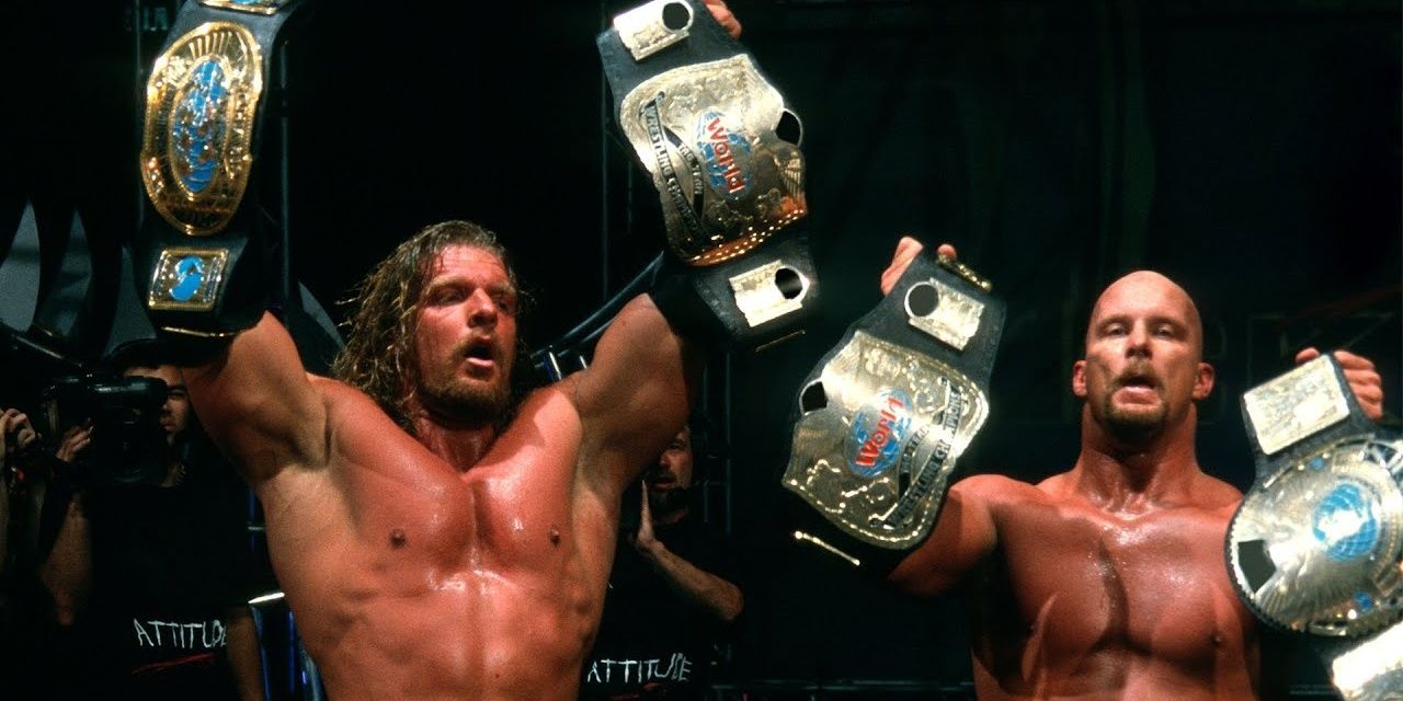 Triple H and Stone Cold after winning the titles at Backlash 2001