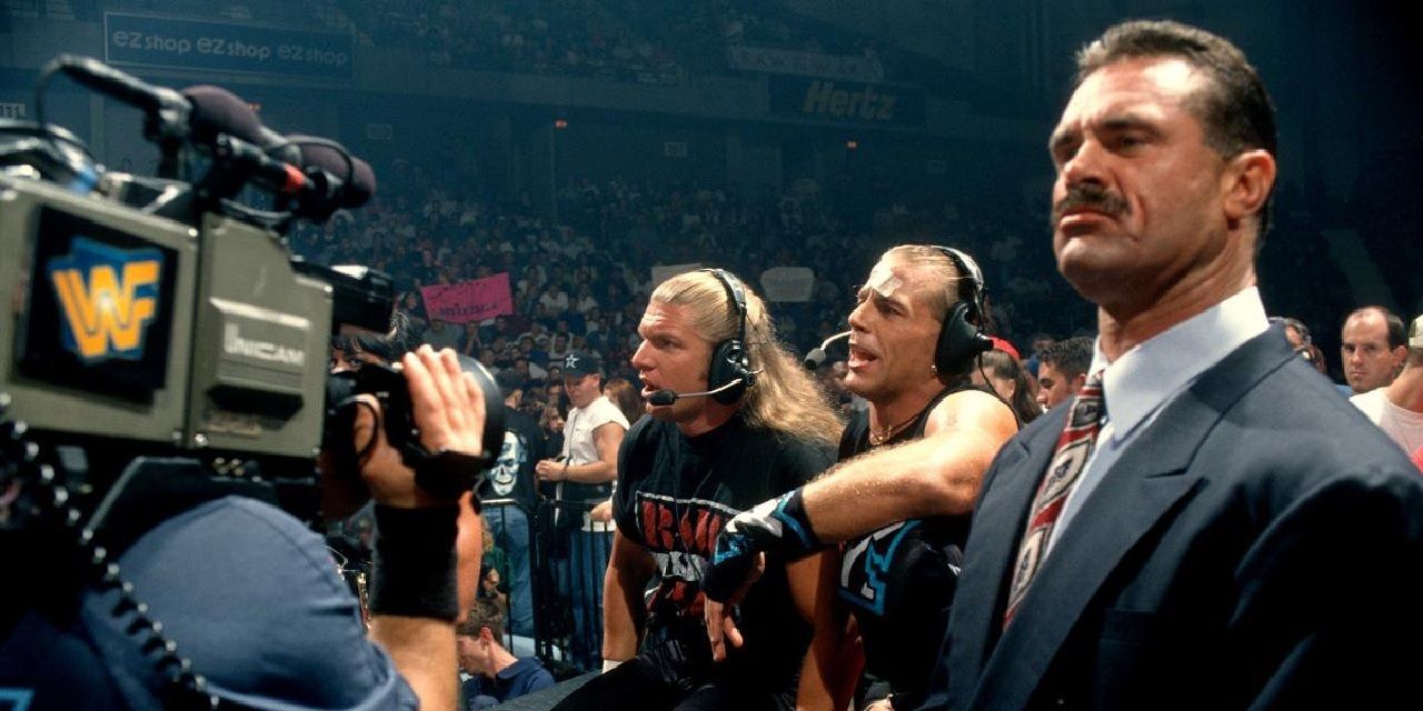Triple H, Shawn Michaels, Rick Rude on commentary in the early stages of D-Generation X