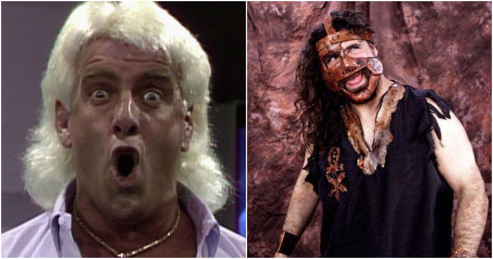 Split Screen Image Of NWA Ric Flair In A Segment & WWE Mankind Posing For Photo