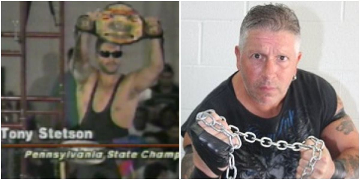 Tony Stetson holding chain and belt