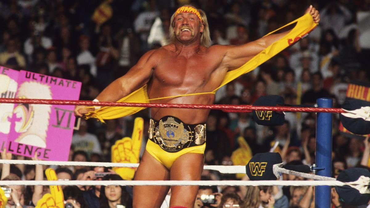 WWE Hulk Hogan Wearing WWF Championship Posing In The Ring For Fans