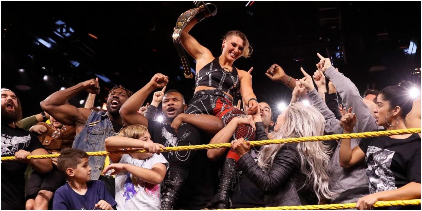 NXT Superstars Celebrating Rhea Ripley's Title Win
