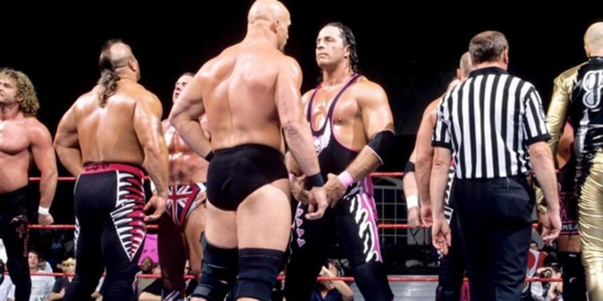 Bret Hart and Steve Austin face off before a tag match