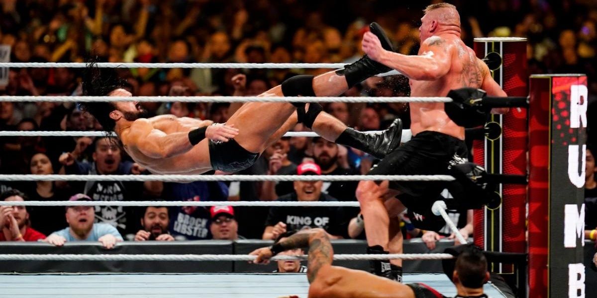 Drew McIntyre Claymore on Brock Lesnar at the Royal Rumble 2020