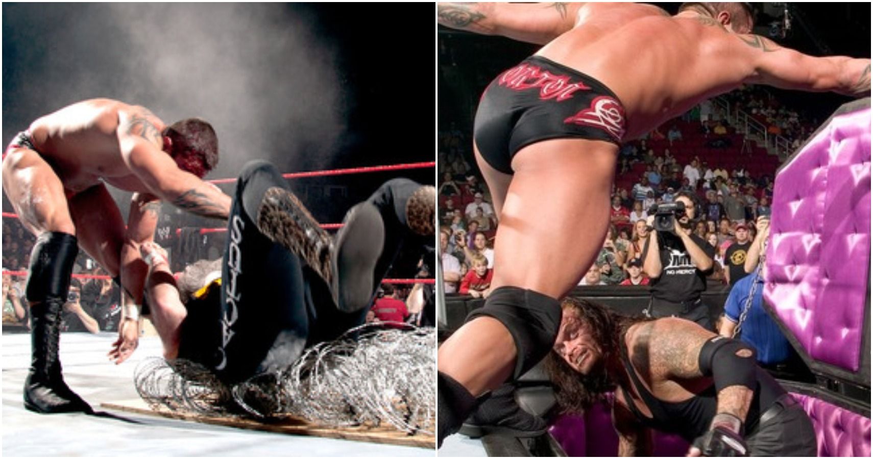 WWE Split Screen Image: Randy Orton Slamming Mick Foley Onto Barbed Wire; Randy Orton Attempting To Close Casket Lid On Undertaker