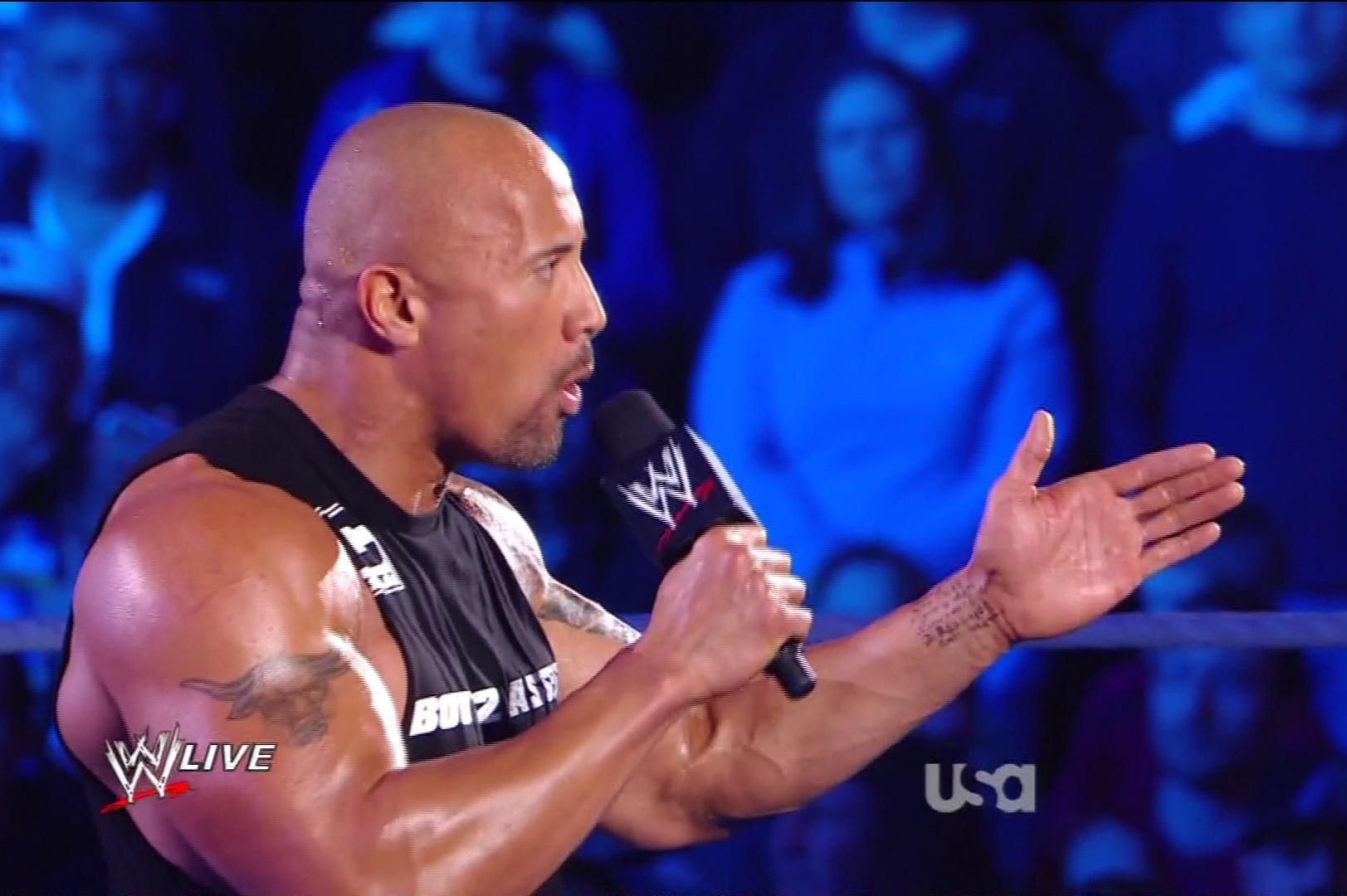 The Rock cuts a promo with notes on his wrist