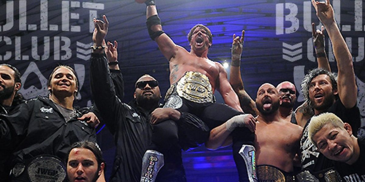 AJ Styles IWGP Heavyweight Champion with Bullet Club