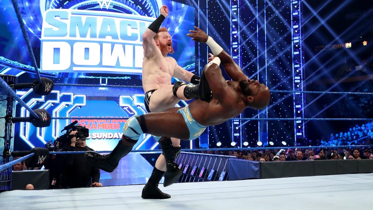 WWE Sheamus Delivering A Brogue Kick To Apollo Crews
