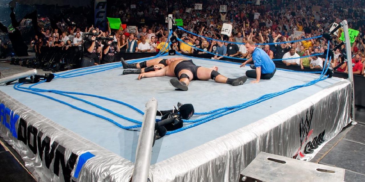 Brock Lesnar and Big Show break the ring
