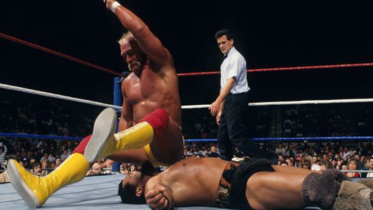WWE Hulk Hogan Delivering A Leg Drop