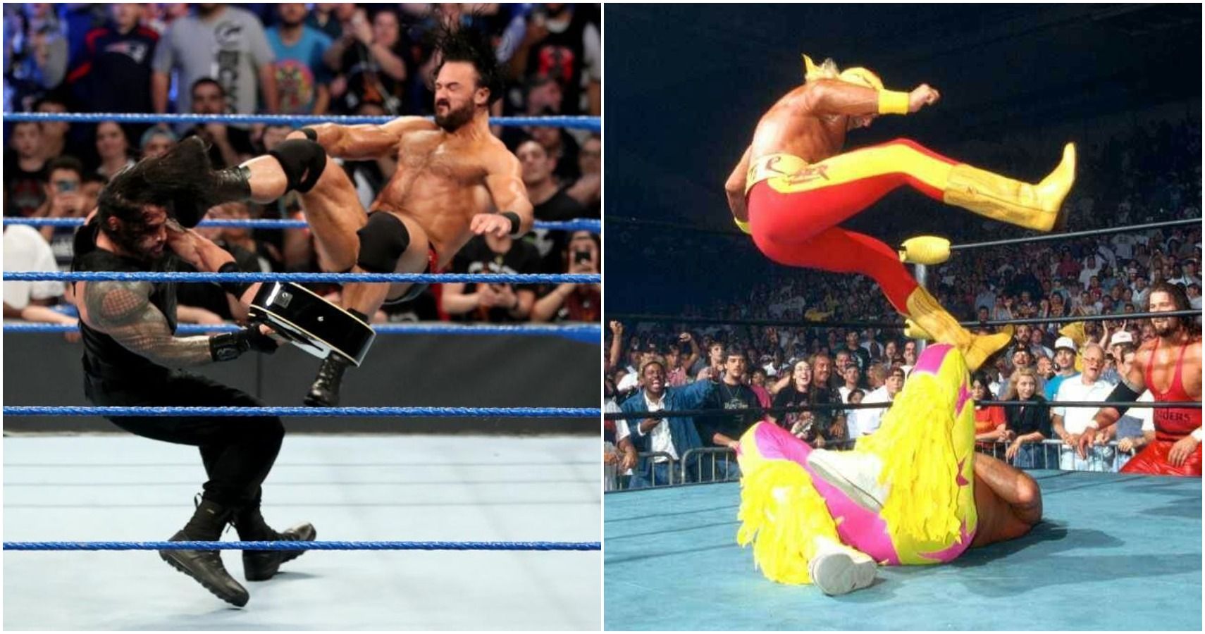 Split Screen Image: WWE Drew McIntyre Delivering A Claymore Kick To Roman Reigns; WCW Hulk Hogan Delivering Leg Drop To Randy Savage
