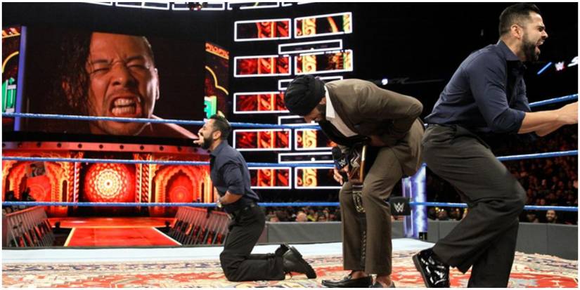 WWE Jinder Mahal And The Singh Brothers Laughing In The Ring With Shinsuke Nakamura