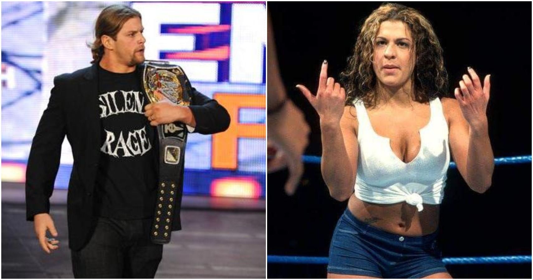 WWE Split Screen Image: Andy Leavine Holding A WWE Championship Title; Nidia Motioning To An Opponent