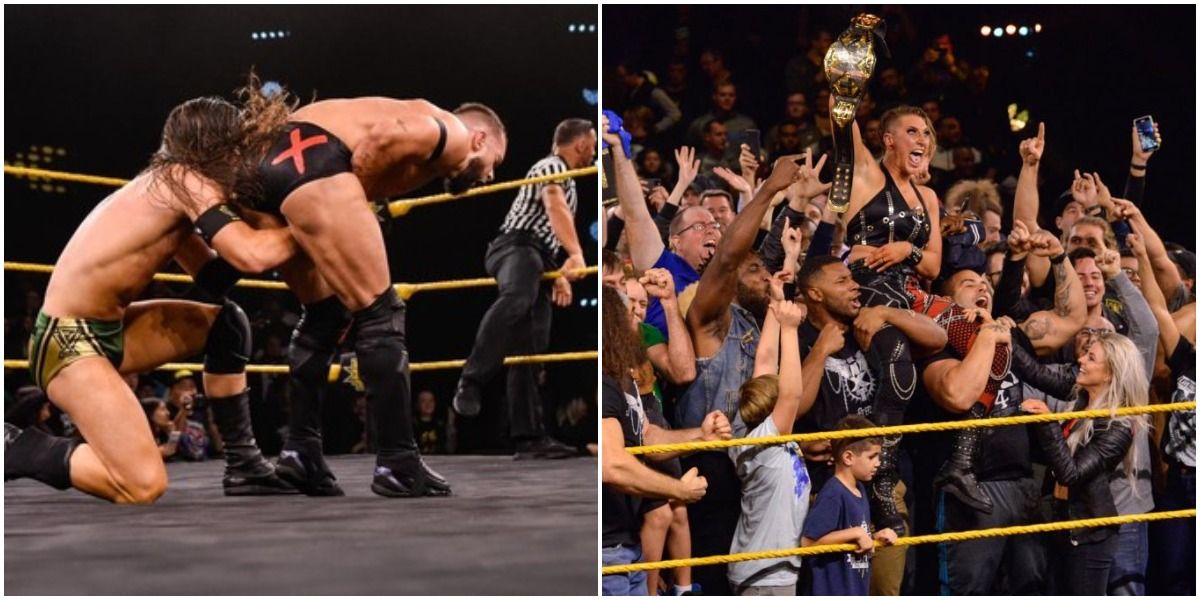 WWE Split Screen Image: Adam Cole Hitting A Low Blow On Finn Balor; Rhea Ripley Celebrating Title Win 