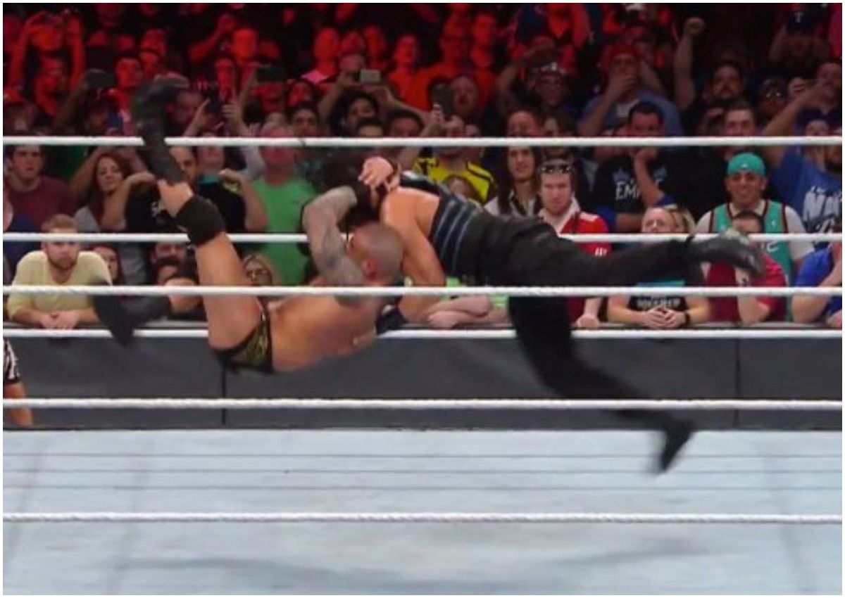 WWE Randy Orton Delivering An RKO To Roman Reigns