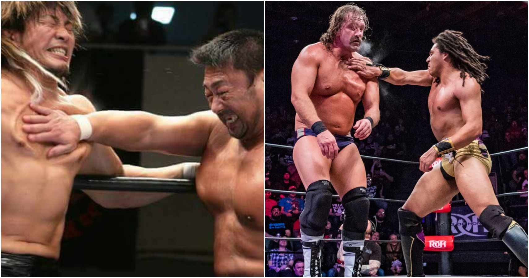 Split Screen Image Of Strong Chops In Wrestling Matches In Japan And ROH