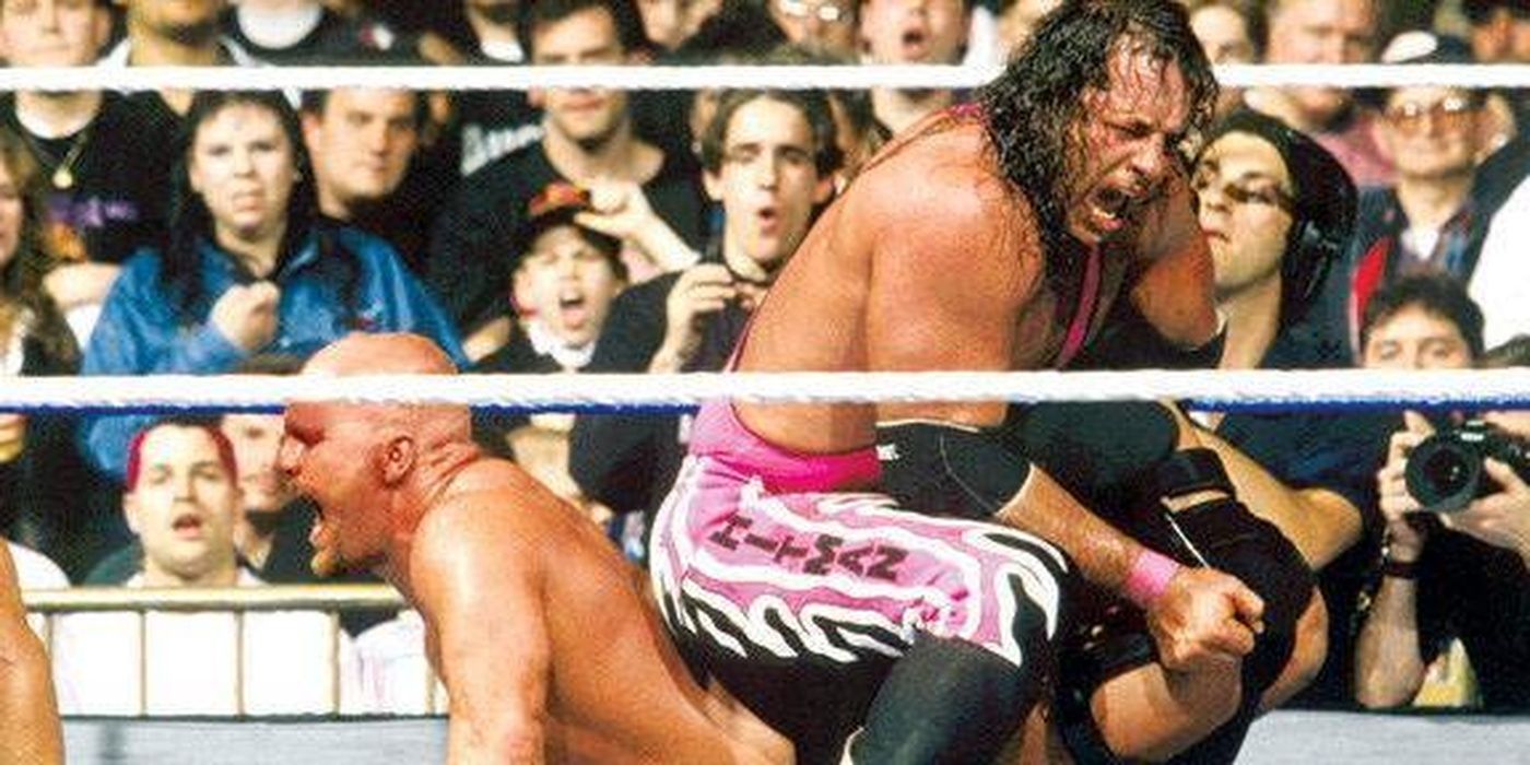 Bret Hart has Steve Austin in a Sharpshooter at WrestleMania 13