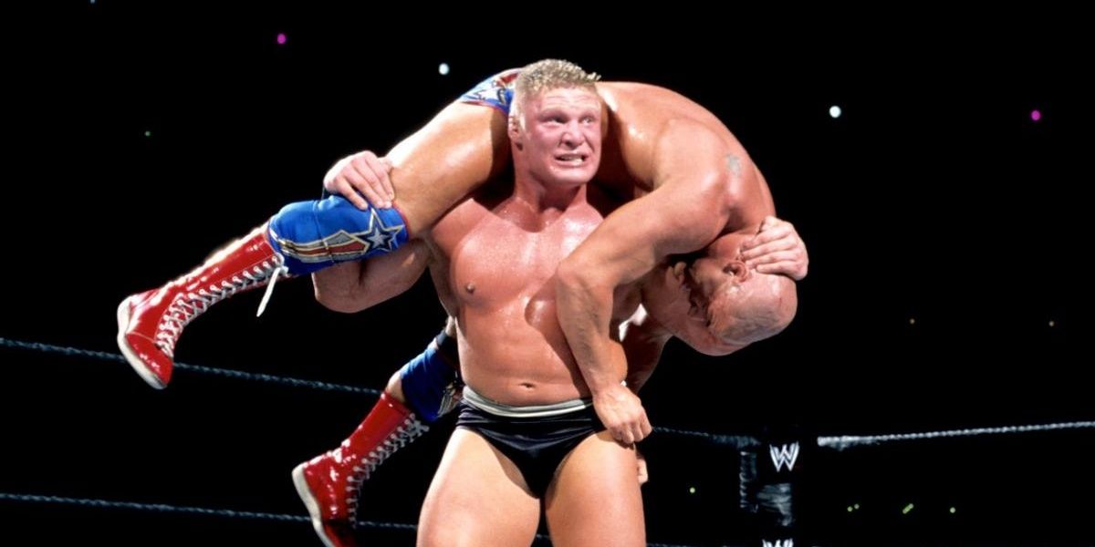 Brock Lesnar F5's Kurt Angle at WrestleMania 19
