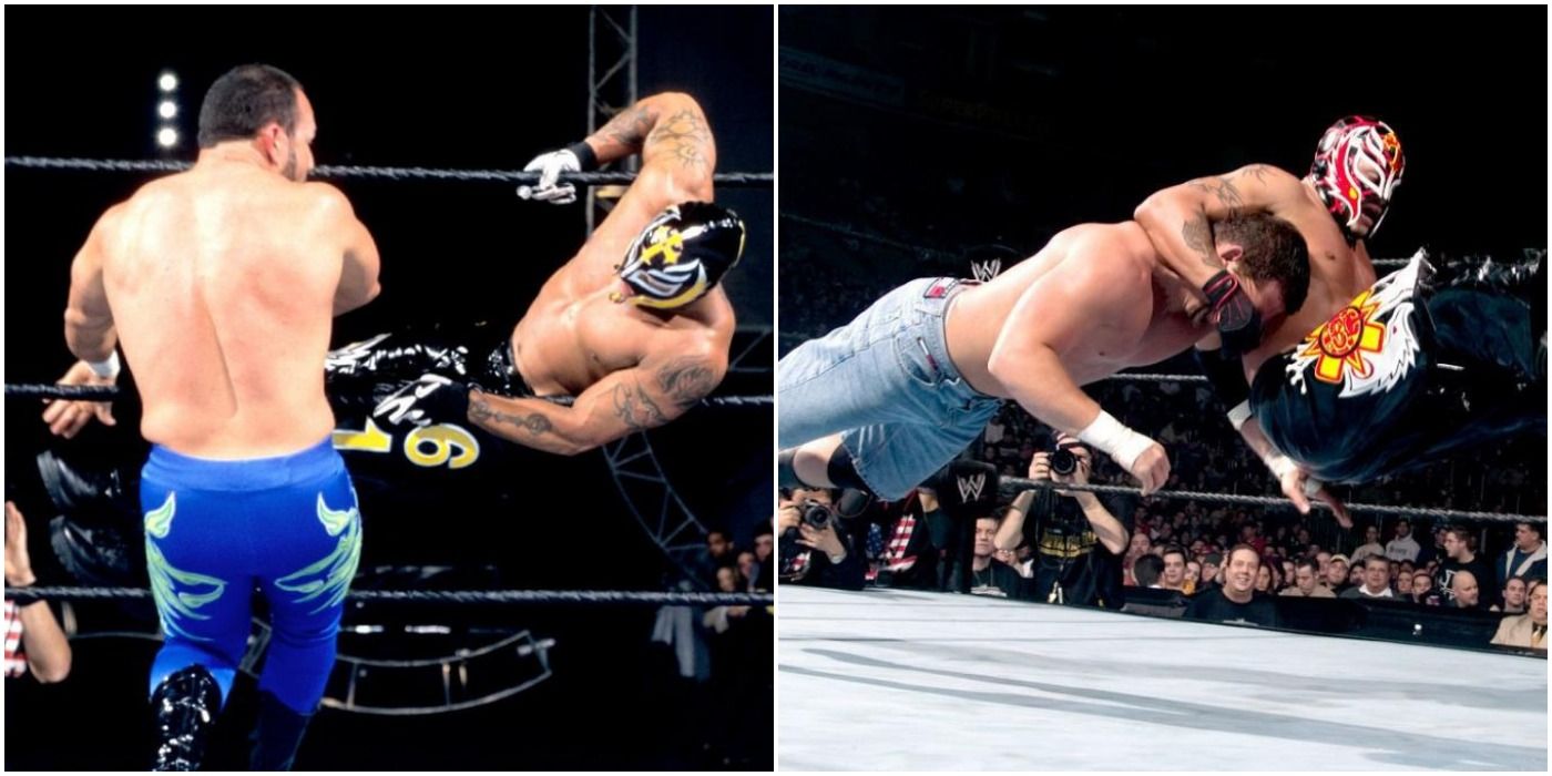 Rey Mysterio wrestling Chavo Guerrero and Jamie Noble