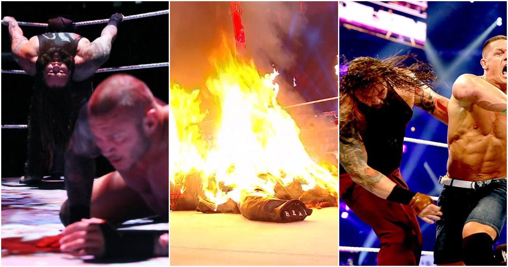 Collage of Bray Wyatt performing a taunt to Randy Orton, The Fiend on fire, and John Cena striking Bray Wyatt