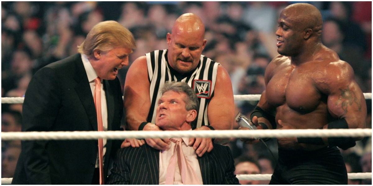 McMahon and Trump in ring before Trump gets shaved