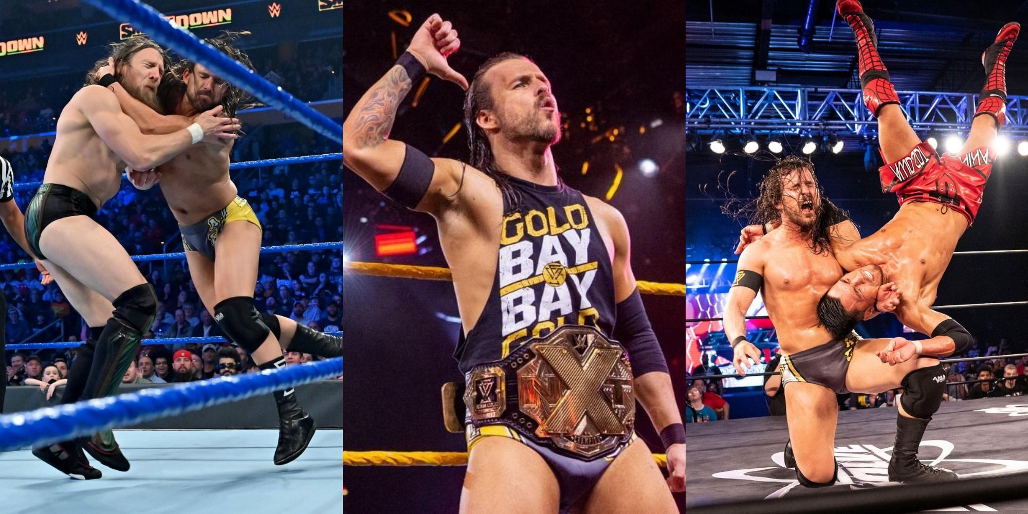 Adam Cole punches Daniel Bryan/Adam Cole poses as NXT Champion/Adam Cole hits a brainbuster on Akira Tozawa