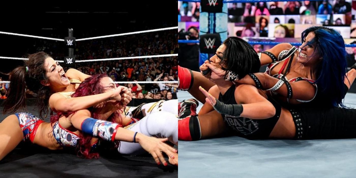 Split image of Bayley and Sasha Banks putting each other in submisisons
