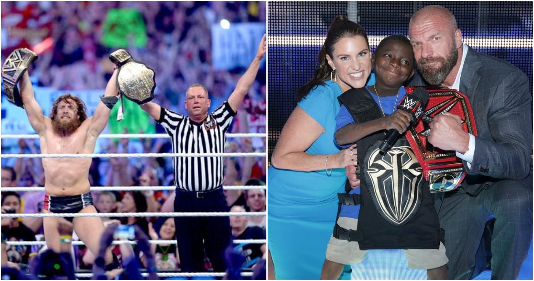 Daniel Bryan wins championships and Steph McMahon, Jarrius Robertson, and Triple H posing for picture
