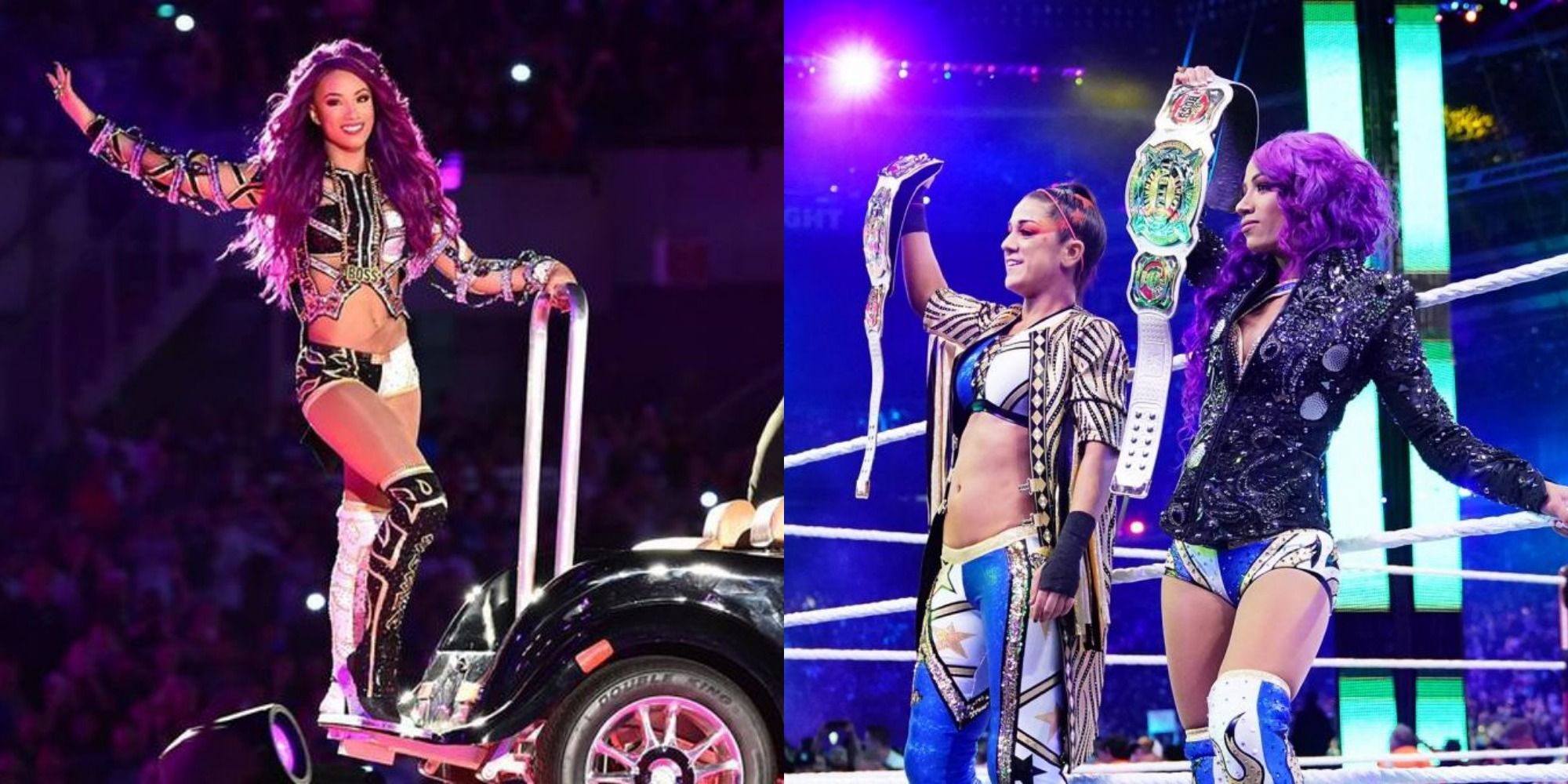 Sasha Banks makes her entrance at WrestleMania 33/Holds up the Tag Titles with Bayley at WrestleMania 35