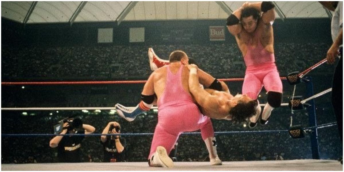 WWE Hart Foundation Performing A Move On Dynamite Kid