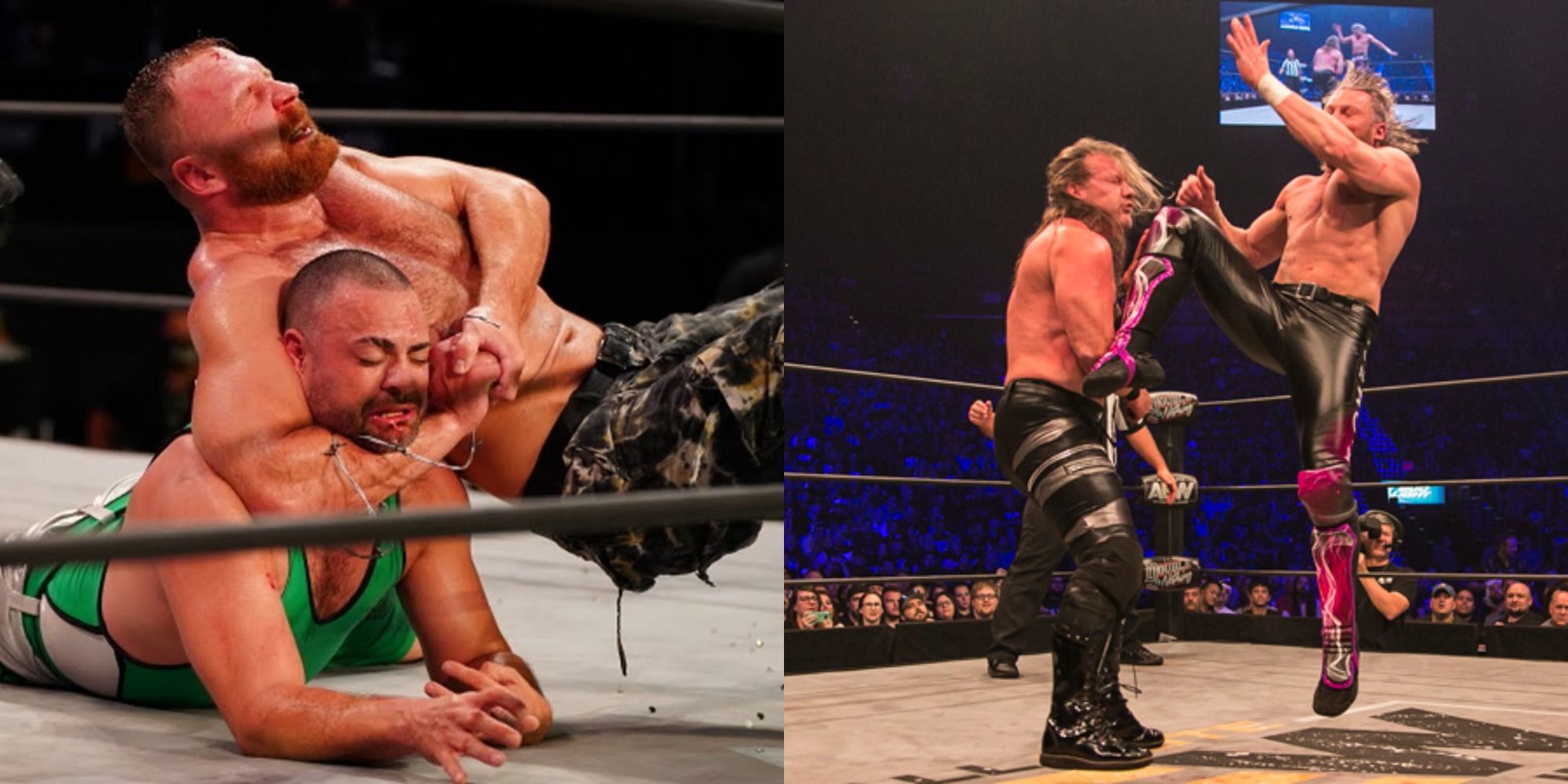 Split image of Jon Moxley choking Eddie Kingston and Kenny Omega kneeing Chris Jericho