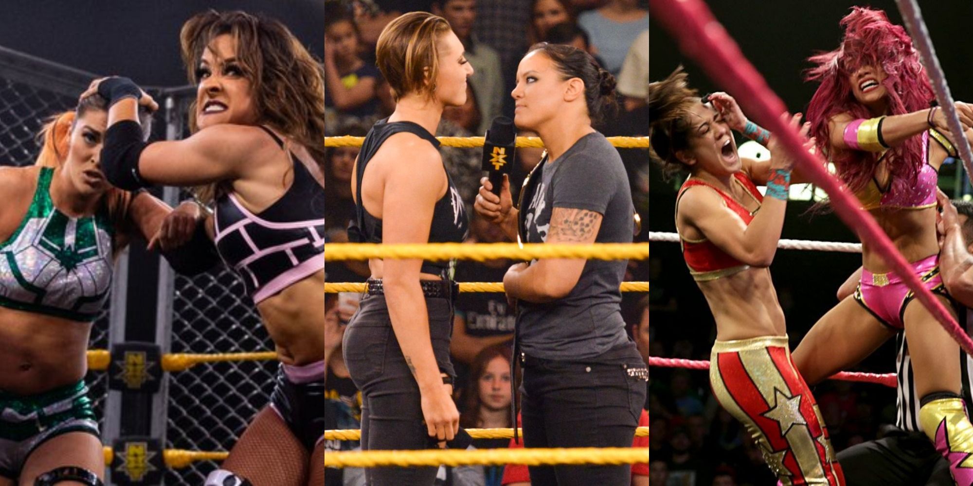 Split image of Dakota Kai throwing Tegan Nox, Shayna Baszler face to face with Rhea Ripley, Sasha Banks hitting Bayley