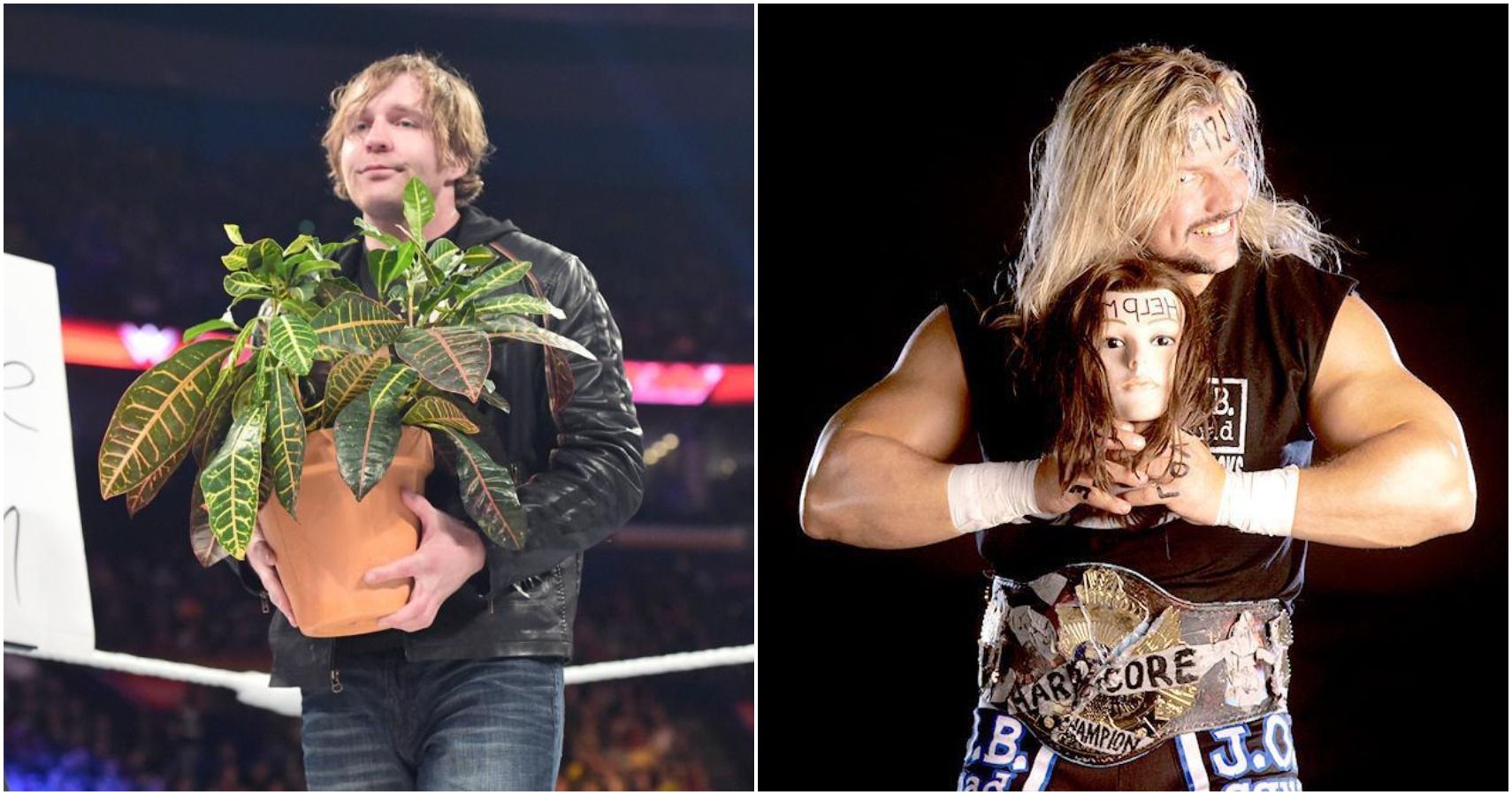 Dean Ambrose with plant and Al Snow with fake head