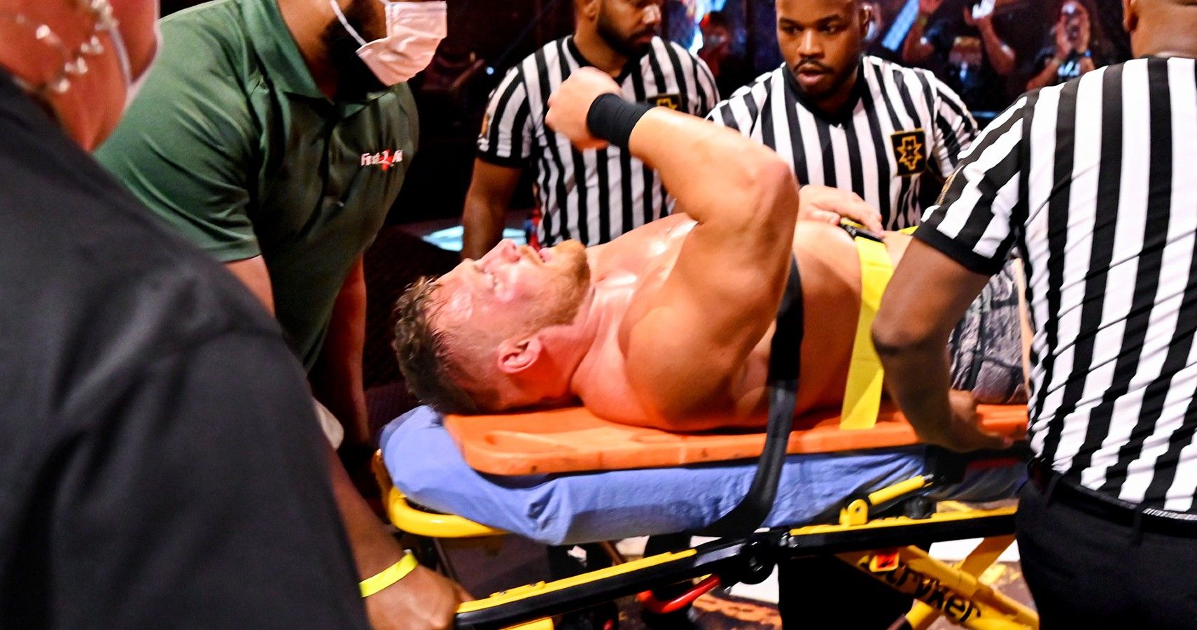 ridge holland being carried away on stretcher on the October 7, 2020 edition of NXT after being injured in a match with Oney Lorcan