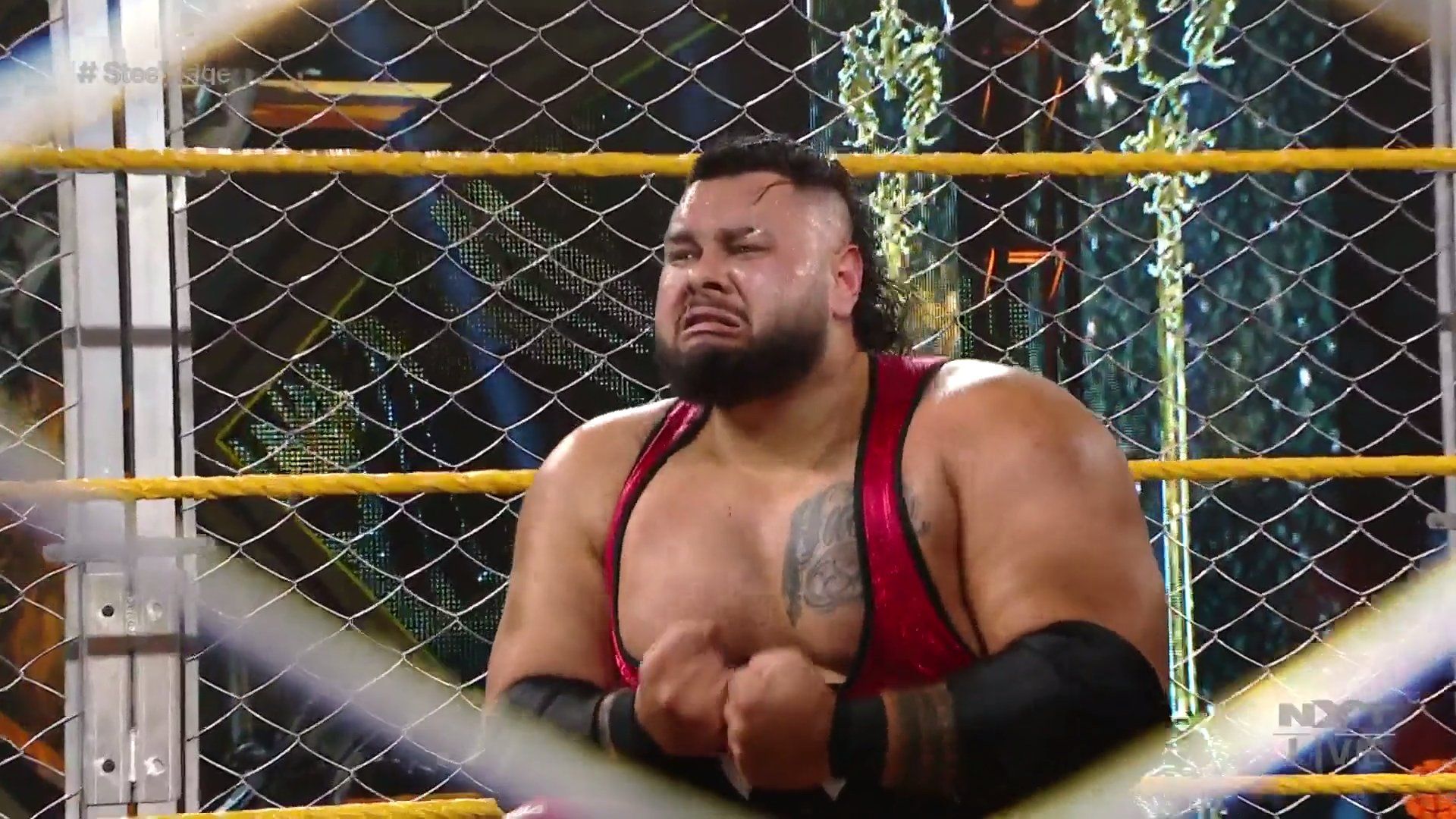 an emotional bronson reed celebrates after defeatring johnny gargano for the nxt north american championship in a cage match on nxt
