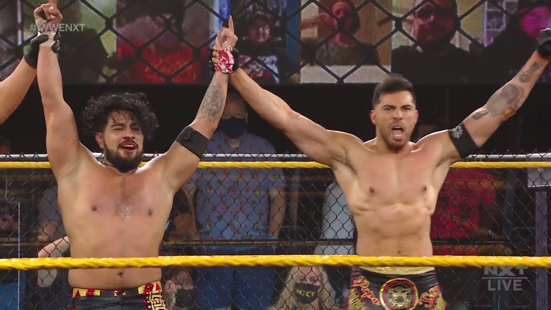 Legado Del Fantasma celebrate their victory over Ciampa and Thatcher on NXT