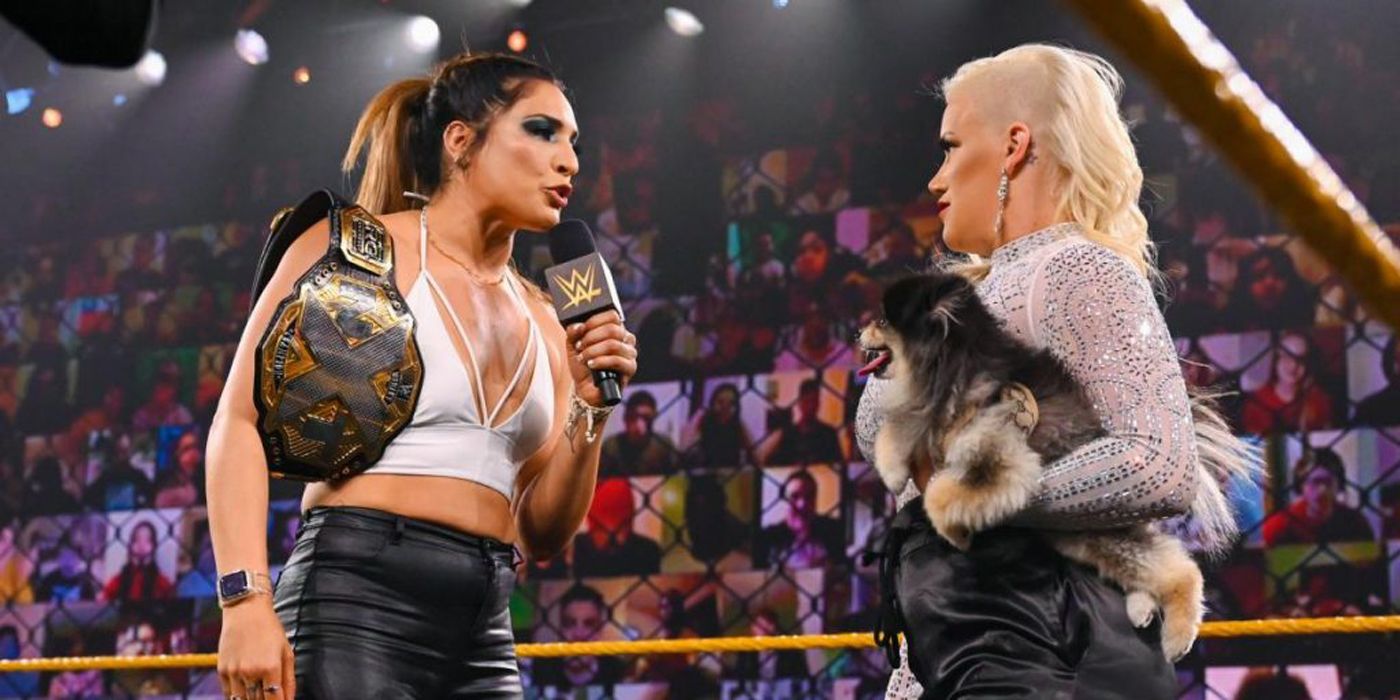Raquel Gonzalez talks to Franky Monet in the NXT ring.