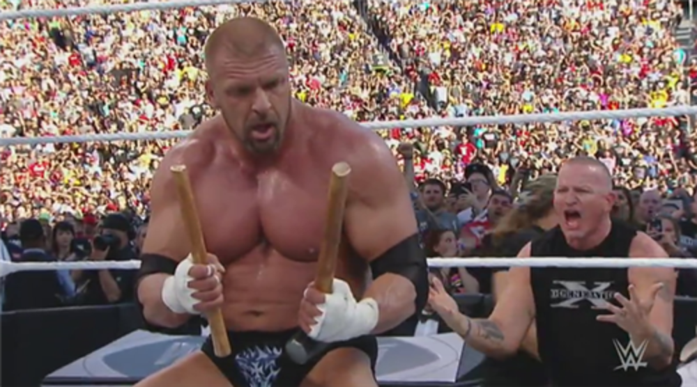 Sting breaks Triple H's hammer - WrestleMania 31