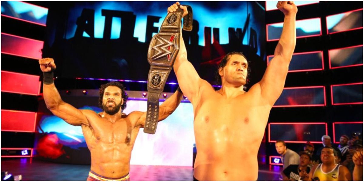 The Great Khali with WWE Champion Jinder Mahal