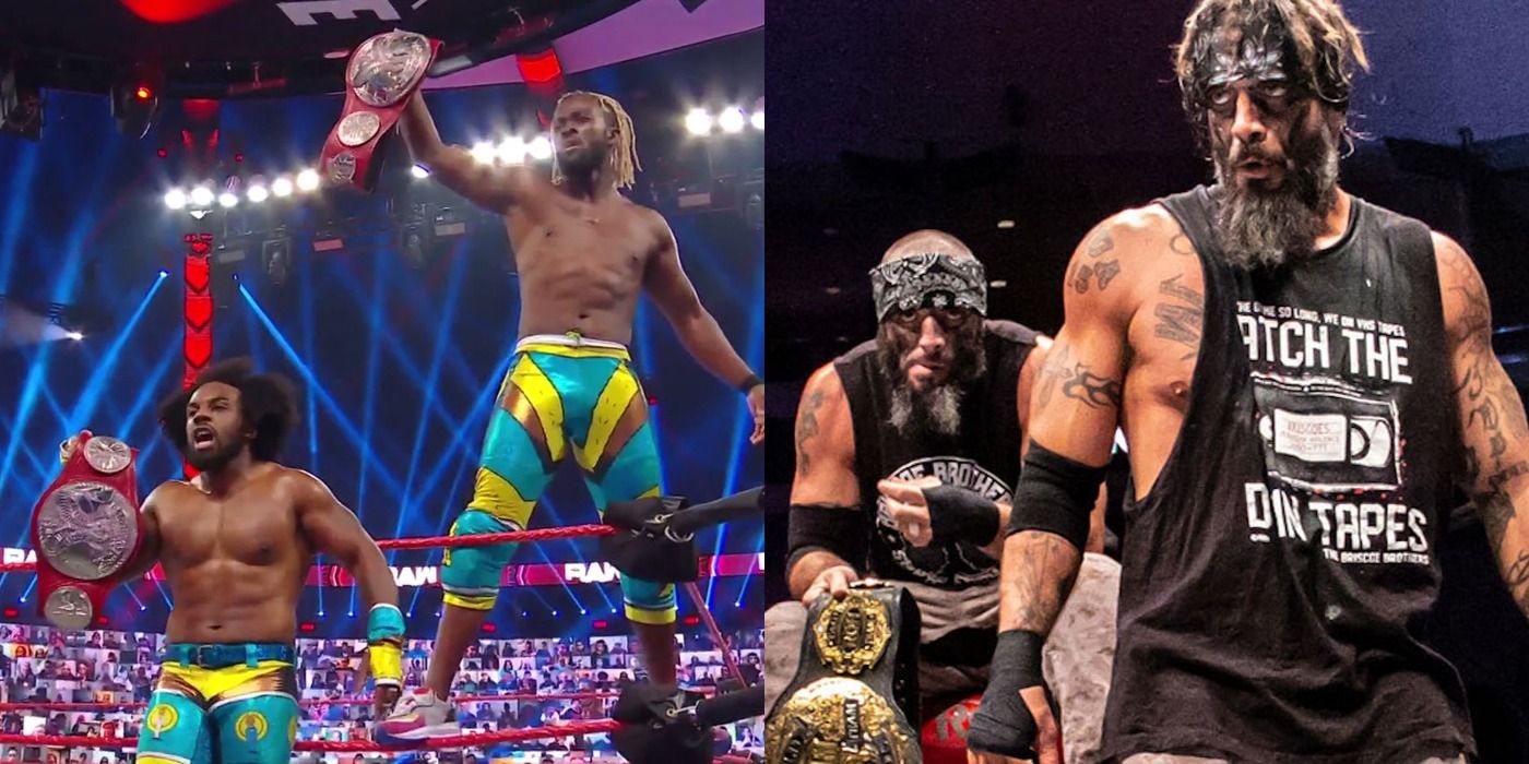 The New Day and Briscoe Brothers with their titles.